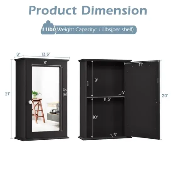 Costway Bathroom Wall Cabinet Single Mirror Door Cupboard Storage Medicine Cabinet Wood Shelf Grey\Brown image {3}