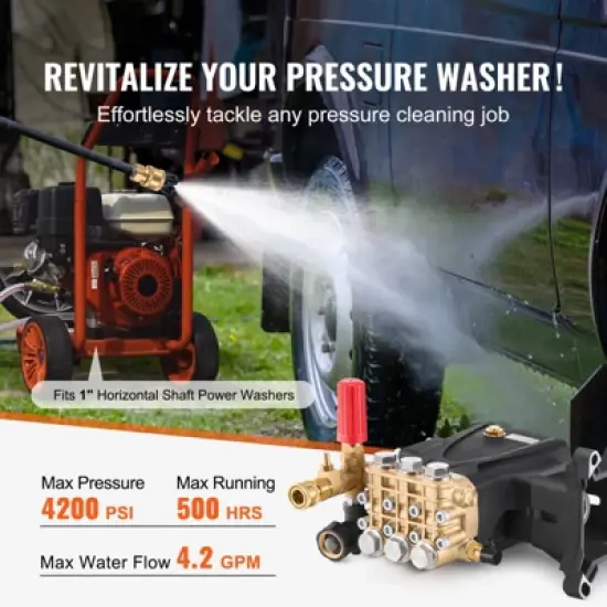 VEVOR Pressure Washer Pump, 1" Shaft Horizontal Triplex Plunger, 4200 PSI, 4.2GPM, Replacement Power Washer Pumps Kit with 5 Nozzles, Black image {2}