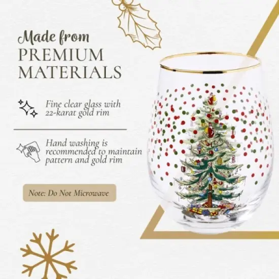 Spode Christmas Tree 19 Fl. Oz. Stemless Wineglass (Set of 4), Polka Dot - Elegant Tumblers & Decorative Wine Glasses for Holiday Entertaining image {3}
