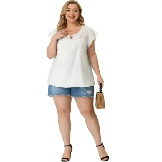 Agnes Orinda Women's Plus Size Blouses Casual Tie Neck Lace Insert Summer Ruffle Sleeve Tops image {2}