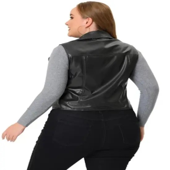 Agnes Orinda Women's Plus Size Leather Motorcycle Zip-Up Riding Biker Crop Vest Jacket image {3}
