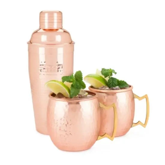 Twine Hammered Moscow Mule Mug Cocktail Set with Shaker for Mixed Drinks, Stainless Steel Kitchen Set, Barware, Set of 3, Copper image {6}