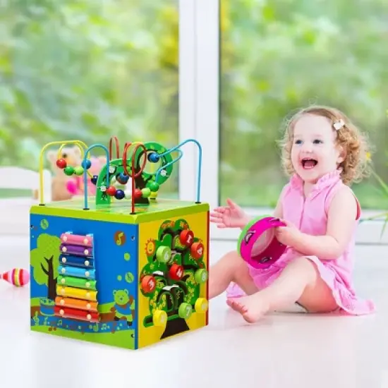 Costway 5-in-1 Wooden Activity Cube Toy Educational Learning Bead Maze w/ Rotatable Base image {3}