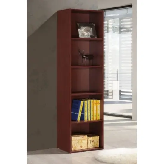 Hodedah Import 12 D x 16 W x 60 H Inch 5 Shelf Bookcase Storage Organizer Solution for Living Room, Bedroom, or Office, Mahogany Wood Finish image {2}