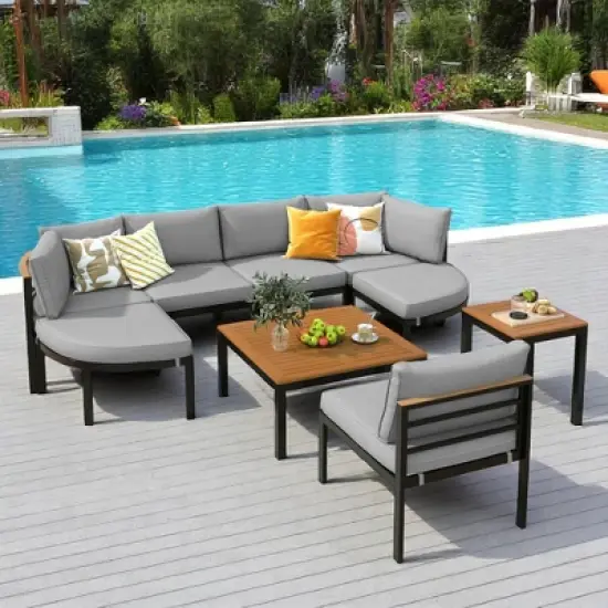 6-Piece Outdoor Patio Sectional Sofa Set with WPC Coffee Table, Side Table, Water-Resistant Cushions,outdoor Conversation Set image {1}