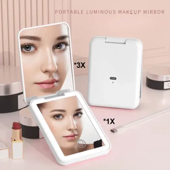 YEVYO Rechargeable Pocket Mirror, Double Sided 1X/3X Magnification Compact Vanity Mirror, 3 Color Lights, Travel Mirror for Women Gifts, White image {2}