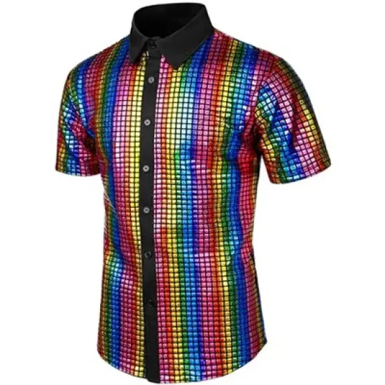 Lars Amadeus Men's Button Down Short Sleeves Costume Disco Shiny Metallic Shirt image {5}