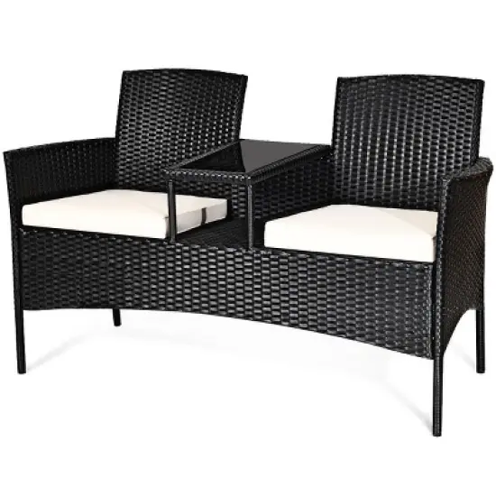 Costway Patio Rattan Conversation Set Seat Sofa Cushioned Loveseat Glass Table Chairs image {4}