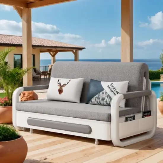 Luck Live Modern Patio Sofas 50.3in extendable pull Outdoor Sofa bed,Solid wood & White metal frame/Gray cushion with storage function image {6}