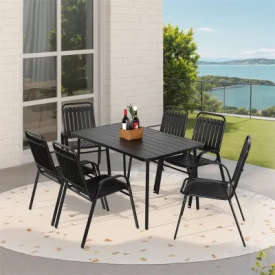 ELJGET 7 Piece Outdoor Dining Table Set for 6, Metal Dining Table with 6 Plastic Chairs for Patio, Deck, Yard image {11}