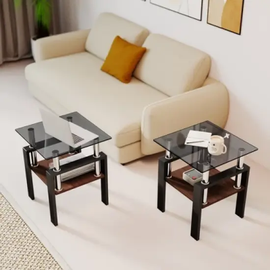 KWPZQEB Set of 2 Modern Tempered Glass Tea Table with Metal Frame and Storage Shelves, Modern Coffee Table, End Table for Living Room, Balcony image {11}