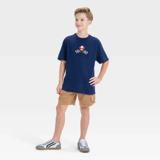 Boys' Super Mario Kart Embroidered Front and Back Graphic Oversized Short Sleeve T-Shirt - Navy Blue image {3}