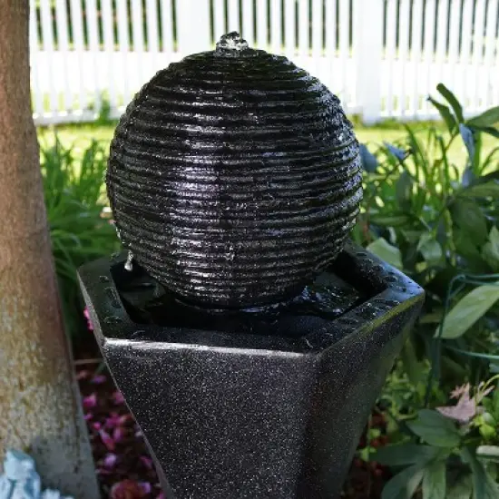 Sunnydaze Outdoor Polyresin Solar Powered Pedestal and Ball Modern Water Fountain with LED Lights - 31" image {6}