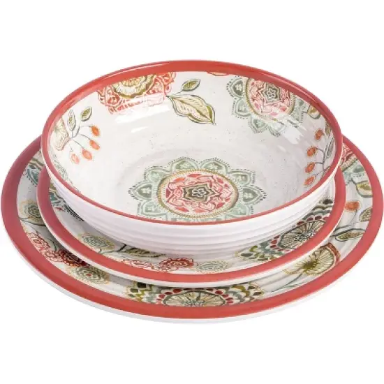 Laurie Gates Brick Floral Ripple 12 Piece Melamine Dinnerware Set in Red image {3}