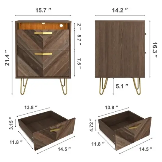 Resenkos Modern Night Stand Set of 2 with Mobile APP Remote Light, Jointed Wood Grain Bedside Table for Bedroom Rustic image {6}