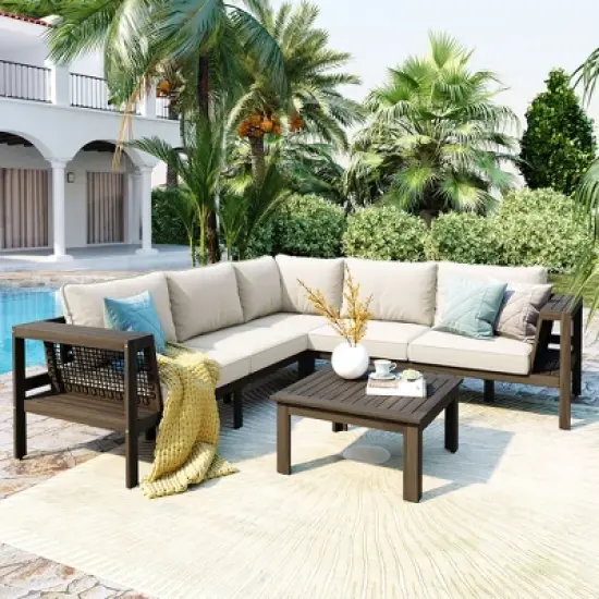 FIONECA 4-Piece Outdoor Acacia Wood Sofa Set, L-Shaped Patio Sectional with Coffee Table, Woven Armrests, Beige Cushions image {3}