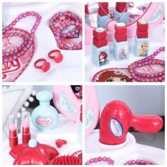 Qaba Kids Vanity Set Makeup Table Princess Pretend Play for Girls with Lights, Sounds, Stool, Magic Wand Remote, Mirror and Makeup Accessories image {4}