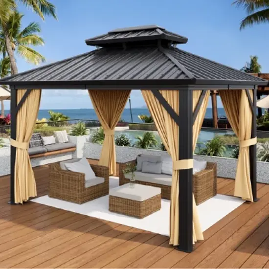 10 x12ft Hardtop Gazebo With Nettings & Curtains, Durable Galvanized Steel Frame and Vertical Striped Canopy for Patio Backyard Deck or Garden image {2}