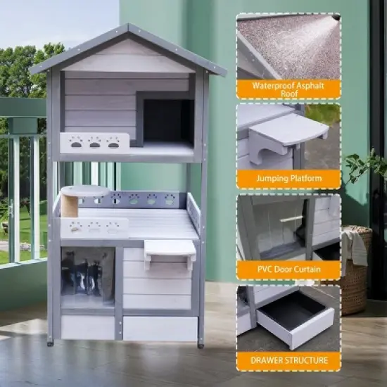 42" Three Story Outdoor Cat House with Balcony Large Cat Shelter Weatherproof Outside Cat House with Drawer & Pvc Door -The Pop Home image {6}