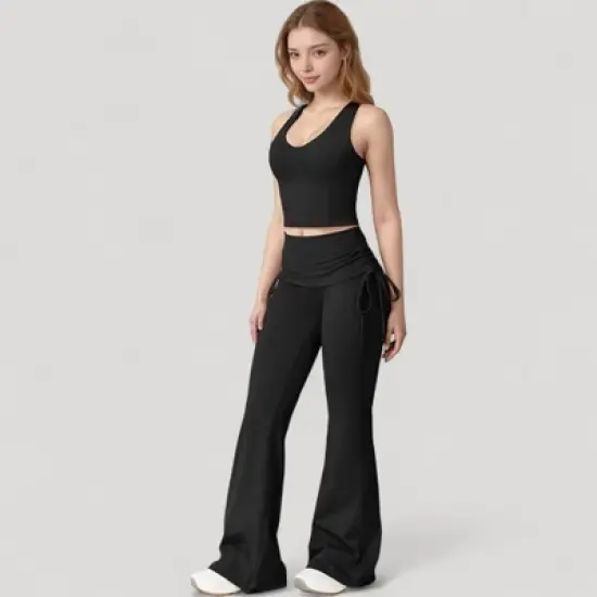 Anna-Kaci Active Women's Drawstring Ruched Waist Flared Leg Pants Stretch Fabric Active Yoga Lounge Bottoms image {5}