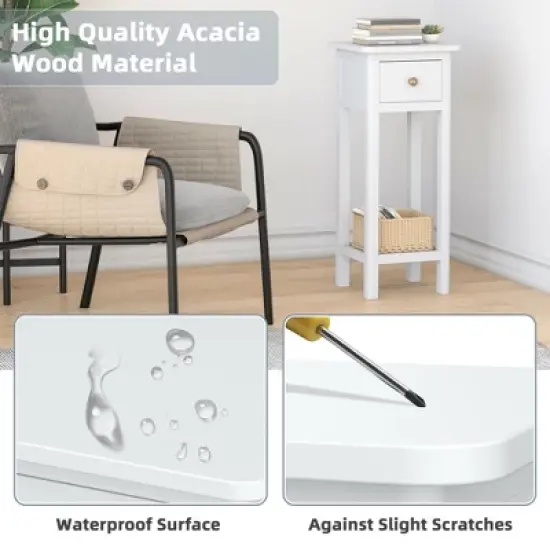 Costway 2 Tier End Bedside Sofa Side Table with Drawer Shelf Acacia Wood Nightstand White image {5}