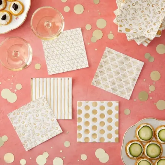Blue Panda 100 Pack Polka Dotted Gold and White Cocktail Napkins for Wedding, Birthday Party Supplies, 5 x 5 In image {2}