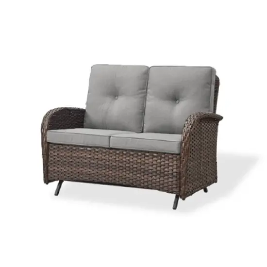 POCASSY 49.5" Wide Outdoor Glider Loveseat, All Weather Brown Wicker Rattan Patio Loveseat Glider for Porch Deck Garden image {9}