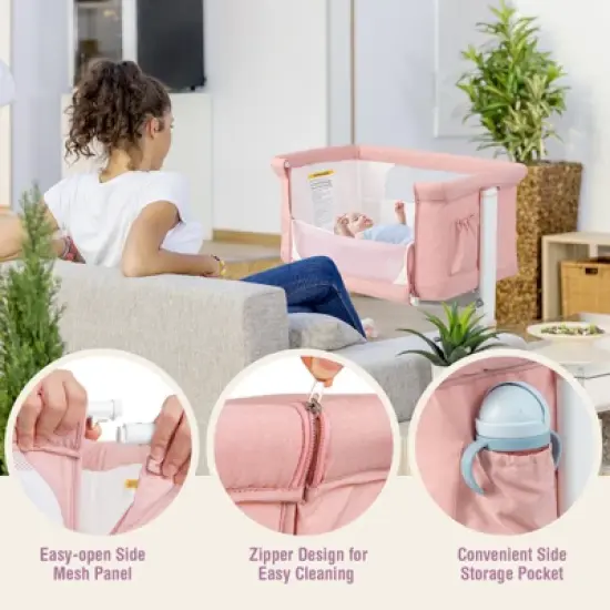 Infans 3-in-1 Baby Bassinet Beside Crib with 5-Level Adjustable Heights Pink image {3}
