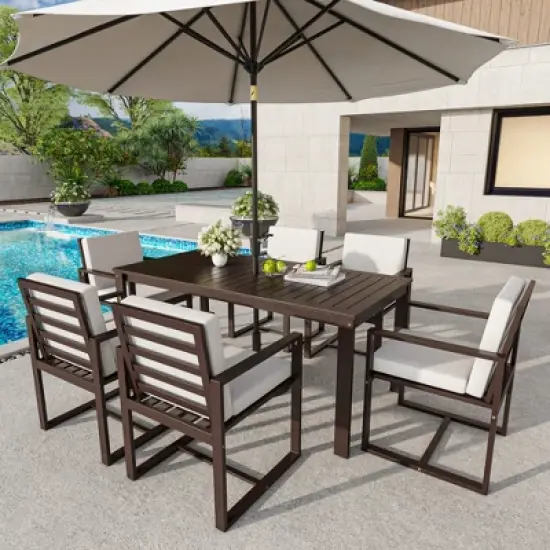 Whisen 7-Piece Wooden Patio Dining Set & Outdoor Dining Table and Chair Set with Removable Cushions and Built-in Umbrellla Hole image {16}
