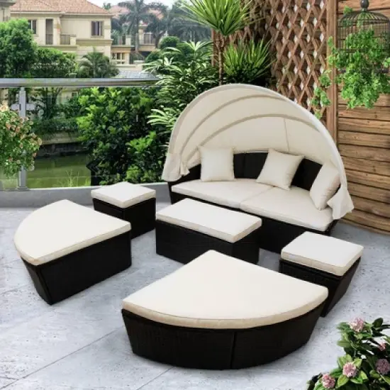 6pc Wicker Round Outdoor Sectional Set with Cushions - Black/Beige - GODEER image {1}
