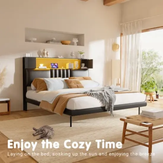 Aheaplus Upholstered Headboard with Storage Shelf and Small Cabinet, Headboard Power Outlet and LED Light image {2}