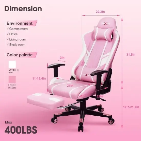 Douxlife Modern 7-Point Massage Ergonomic Gaming Chair with Footrest & Adjustable Armrests Pink White image {7}