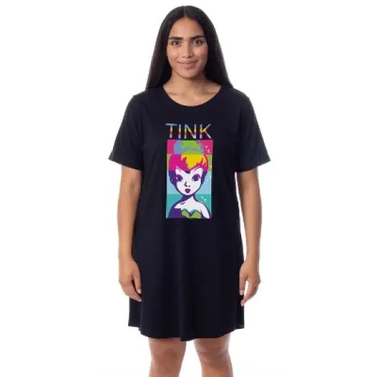 Disney Womens' Tinker Bell Pop Art Character Nightgown Sleep Pajama Shirt Black image {3}