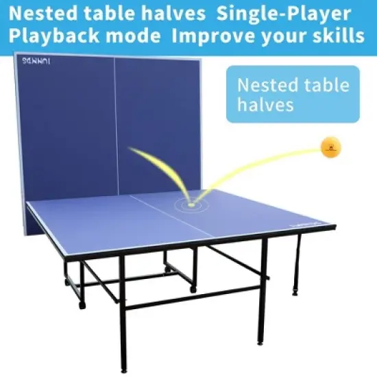 9FT Mid-Size Table Tennis Table, Foldable & Portable Ping Pong Table Set with Net, 2 Table Tennis Paddles and 3 Balls, Easy Assembly with Side Handles image {3}