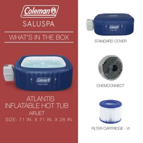 Coleman SaluSpa Atlantis AirJet 4 to 6 Person Inflatable Hot Tub Square Portable Outdoor Spa with 140 Soothing Jets with Cover, Blue image {4}