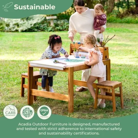 Guidecraft Acadia Outdoor Art Table and Stool Set: Kids Acacia Wood Painting and Arts and Crafts Table with Mobile Storage Paper Roll and Paint Cups image {1}