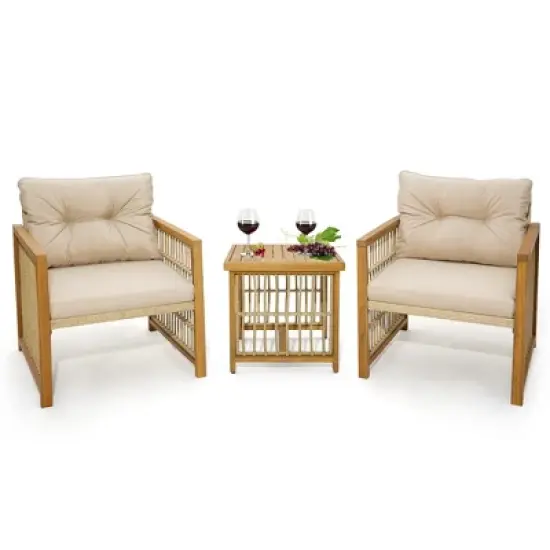 Costway 3PCS Patio PE Wicker Conversation Set Acacia Wood Frame withSeat & Back Cushions image {6}