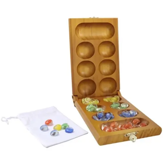GSE Folding Wooden Mancala Board Game with Multi-Color Glass Stones and Storage Bag, Travel Game - Oak/Mahogany image {6}