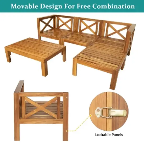 5 Piece Outdoor Corner Patio Sofa Set,L-Shaped Wood Garden Sectional Sofa Set,Patio Conversation Set with Cushions and Coffee Table-Coolbibila image {2}