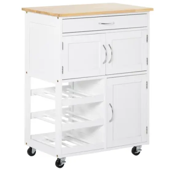 HOMCOM Bar Cart Rolling Kitchen Island on Wheels with 9-Bottle Wine Rack, Small Kitchen Cart Kitchen Storage Cabinets, Wooden Countertop, White image {3}