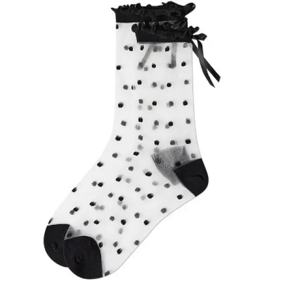 Memoi Women's Polka Dot Bow-Cuff Sheer Crew Sock image {2}