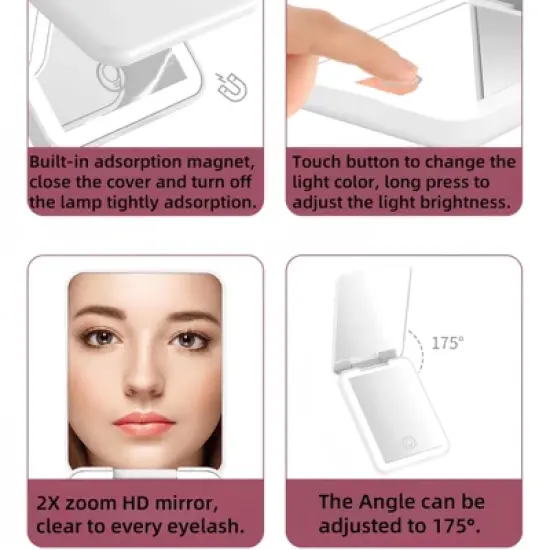 YEVYO Rechargeable Pocket Mirror, Double Sided 1X/3X Magnification Compact Vanity Mirror, 3 Color Lights, Travel Mirror for Women Gifts, White image {5}