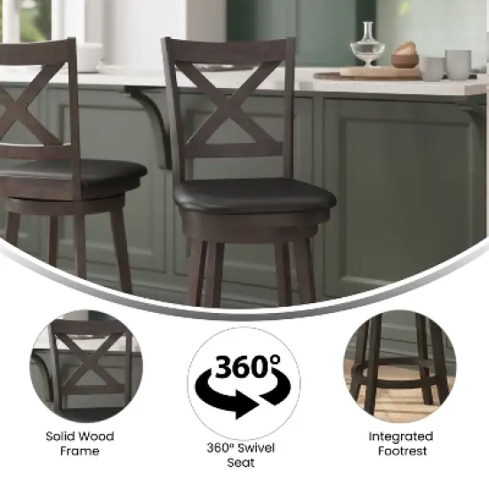 Merrick Lane 24" Classic Wooden Crossback Swivel Counter Height Pub Stool with Upholstered Padded Seat and Integrated Footrest image {5}