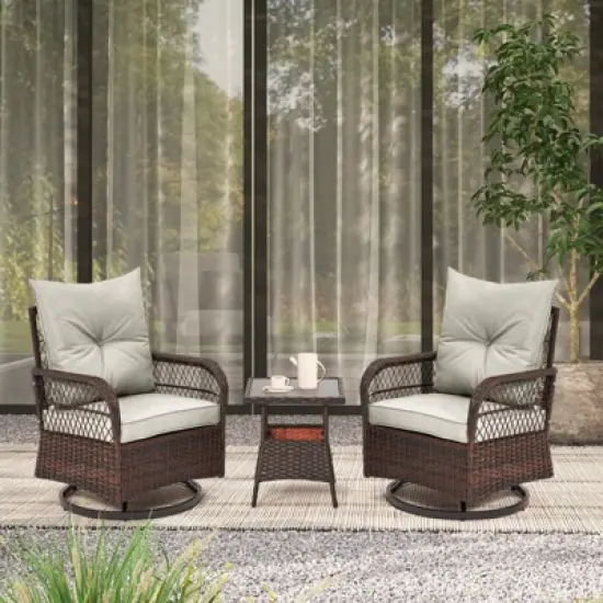 EROMMY 3 Pieces Patio Swivel Rocker Rattan Chairs, Outdoor Swivel Rocking Chairs With 1 Rattan Coffee Table, 360 Degree Swivel Patio Chairs For Lawn image {10}