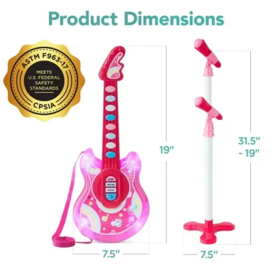 Best Choice Products 19in Kids Flash Guitar, Pretend Play Musical Instrument Toy for Toddlers w/ Mic, Stand - Pink image {6}