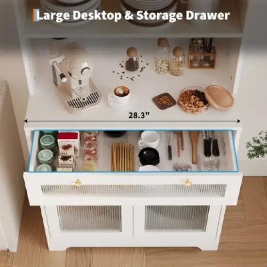 62-Inch Kitchen Pantry Cabinet Freestanding Storage Cupboard with 5-Tier Shelf, Drawer,2 Glass Doors & Adjustable Shelves image {4}