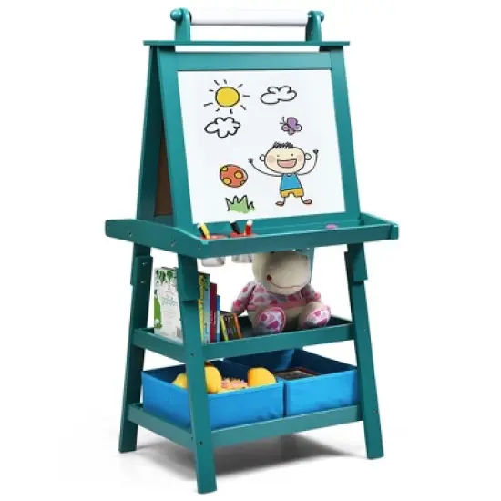 Costway 3 in 1 Double-Sided Wooden Kid's Art Easel Whiteboard image {9}