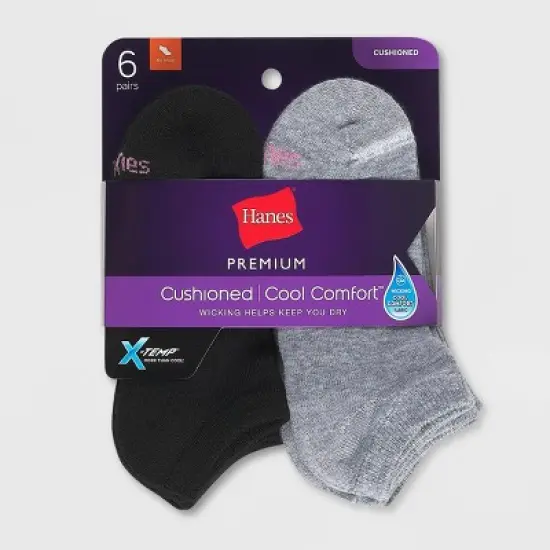 Hanes Premium Women's Cushioned 6pk No Show Socks - Black 5-9: Knit, Moisture Wicking, Banded Cuff image {2}