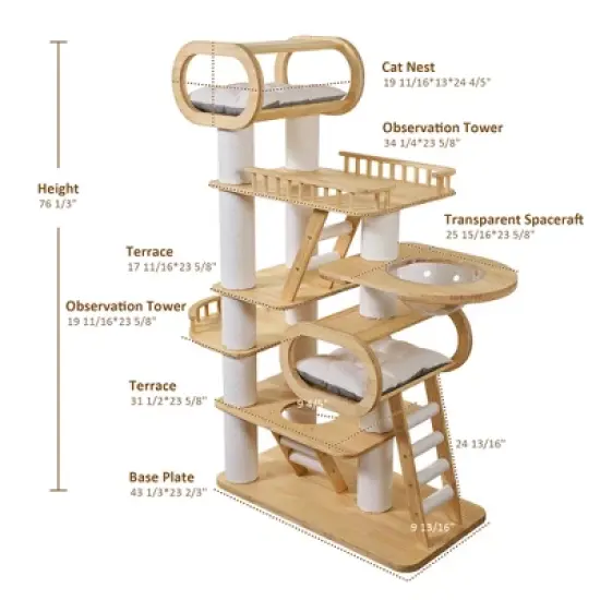 Modern Wooden Cat Tower,Beige,43.3" W &times; 23.62" D &times; 76.38" H image {9}