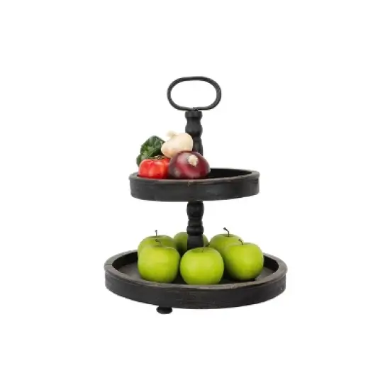 2 Tier 15" x 18.5" Distressed Wood Tray with Metal Handle Black - Storied Home image {7}